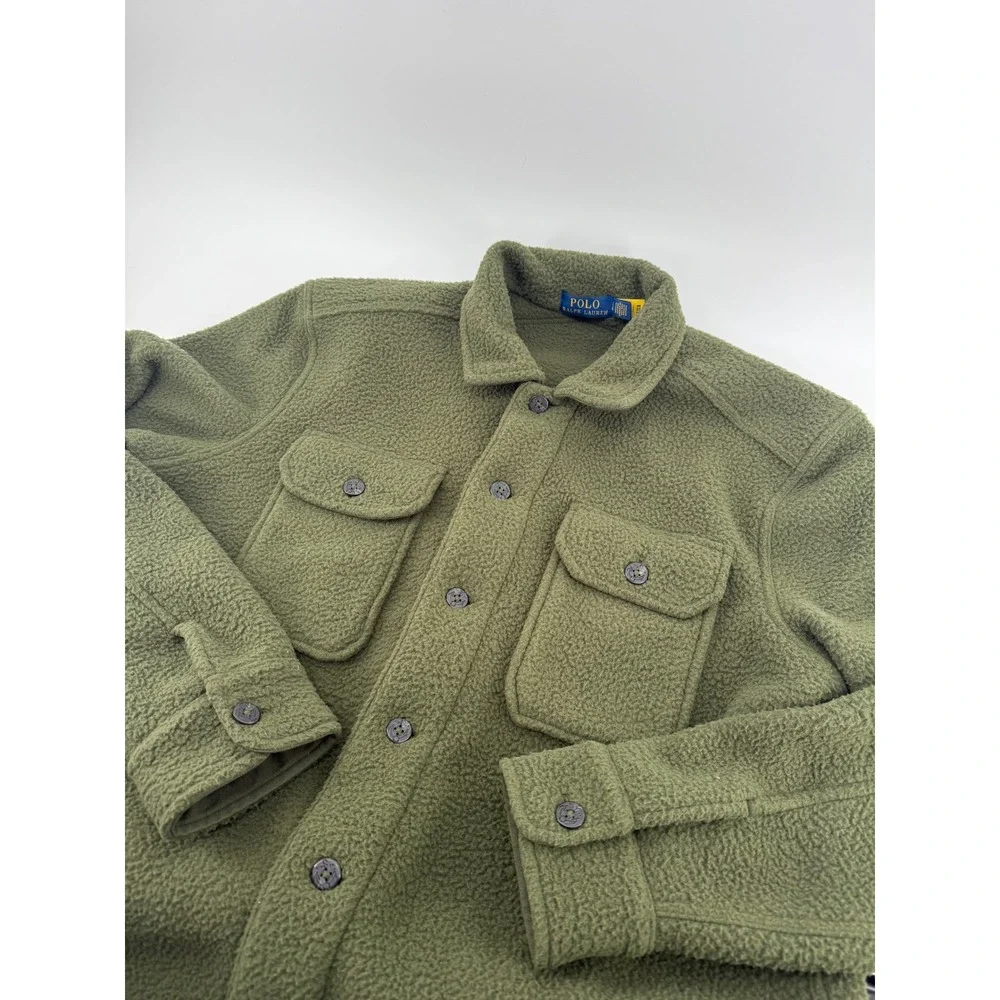 Polo‎ Ralph Lauren Mens Fleece Shirt Jacket Olive Green Sherpa P.R.L. Navy Large